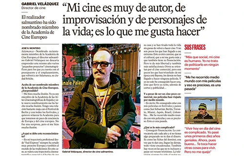 Noticia Destacada La Gaceta de Salamanca 1 de julio de 2024, Gabriel Velázquez es nombrado miembro de la Academia del Cine Europeo.