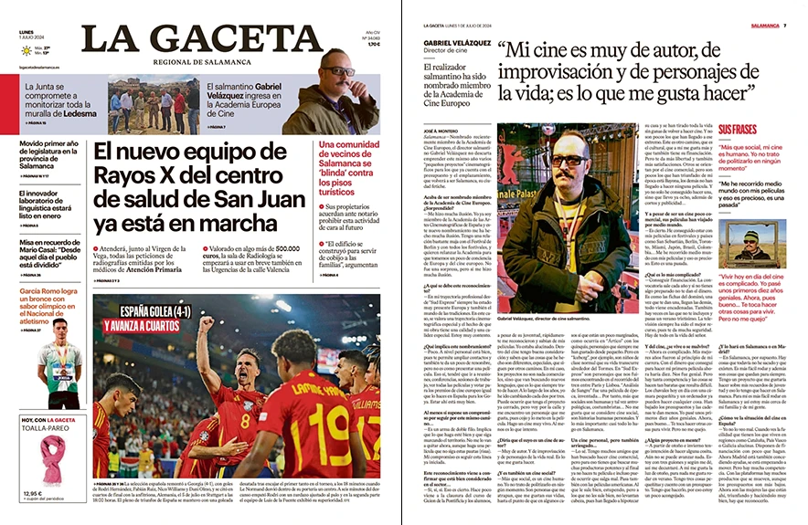 Noticia La Gaceta de Salamanca 1 de julio de 2024, Gabriel Velázquez es nombrado miembro de la Academia del Cine Europeo